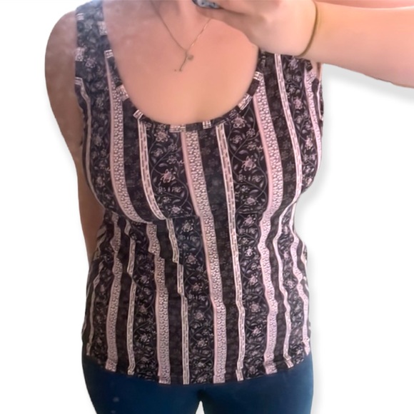 Floral Tank Top by Maurice’s Black & Pink Stripes Summer Shirt Size Large - Picture 2 of 5